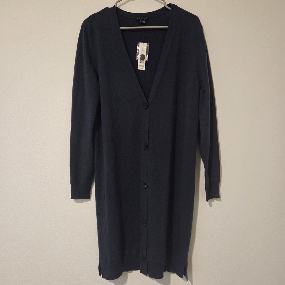 NWT Theory Emra 100% Cashmere Navy Blue Longline Cardigan Sweater Size M